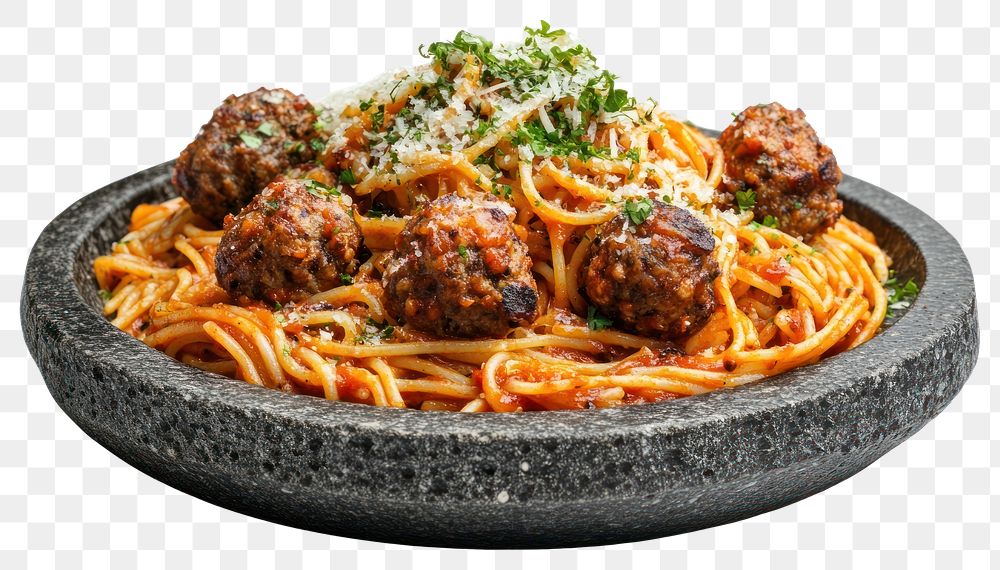 PNG An isolated meat ball spaghetti on a stone plate meatballs pasta food.