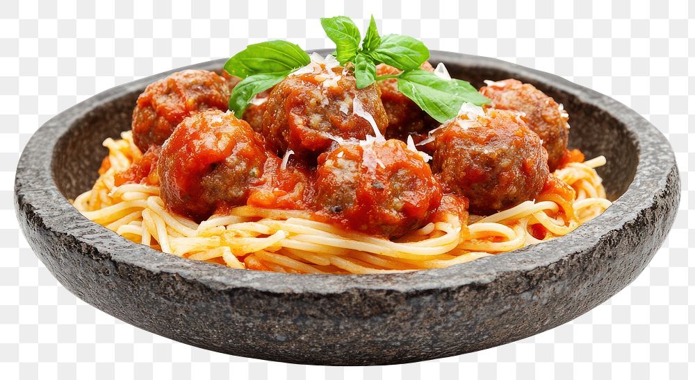 PNG An isolated meat ball spaghetti on a stone plate meatball pasta food.