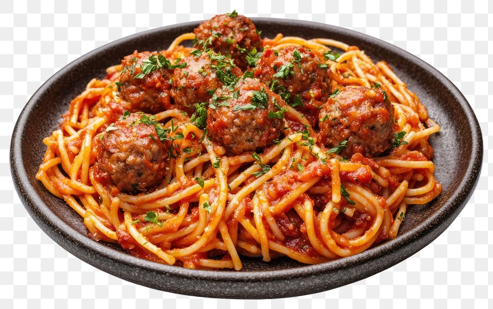 PNG An isolated meat ball spaghetti on a stone plate food meatballs pasta.