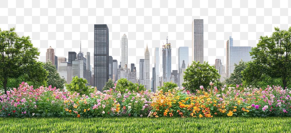 PNG Modern city skyscrapers landscape flowers.