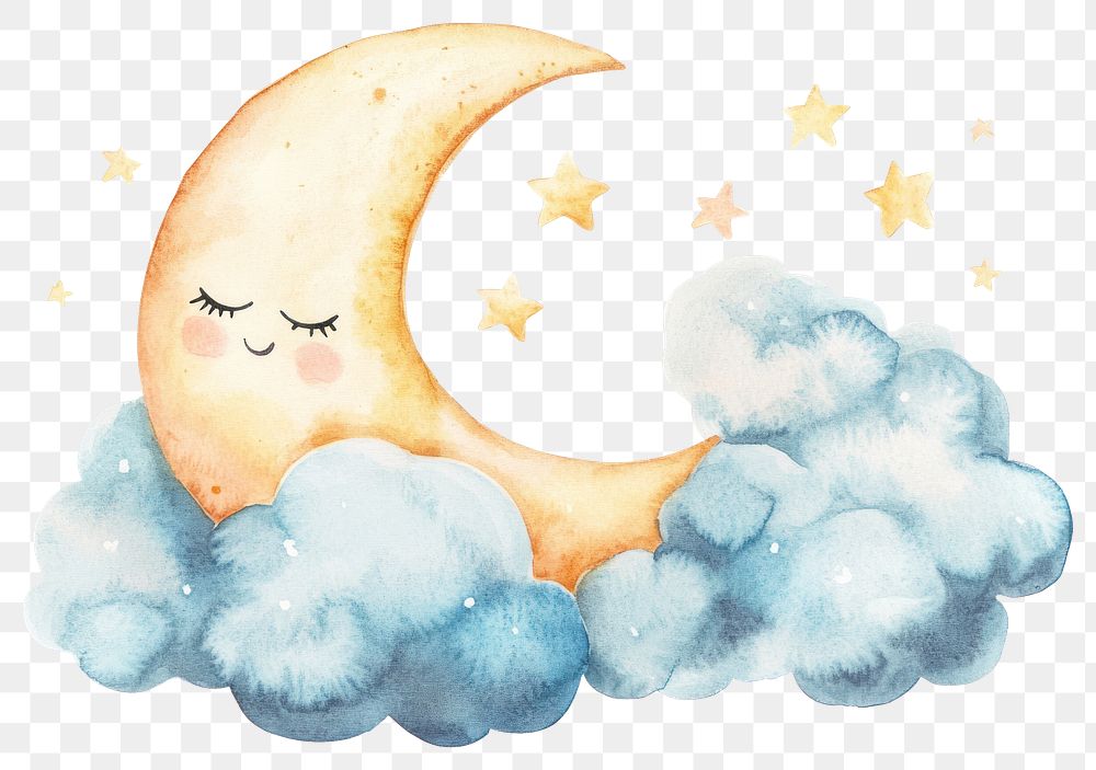 PNG Watercolor smilley moon on cloud illustration clouds night.