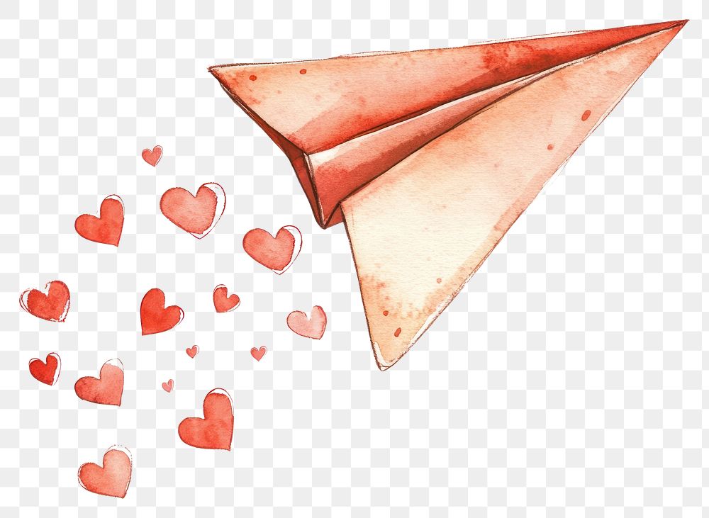 PNG A cute paper airplane with hearts flying on it watercolor white illustration.