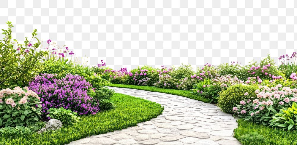 PNG Organized English garden flower path landscape.