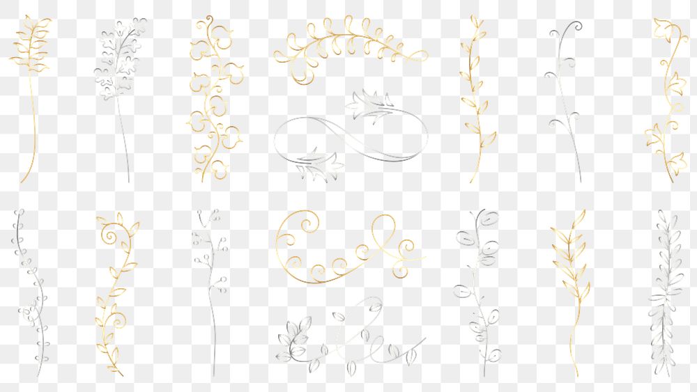 PNG Elegant gold floral designs set on transparent background