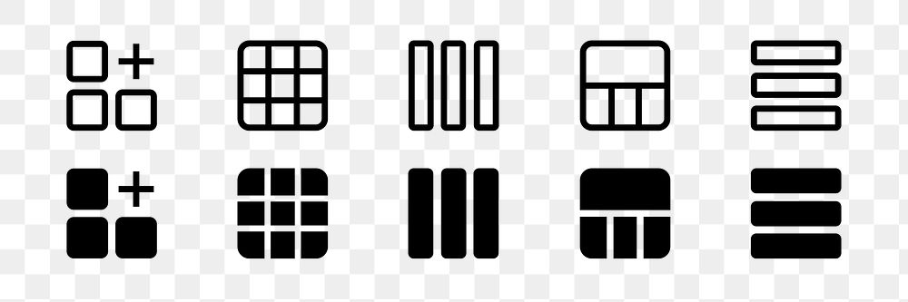 PNG Grid icons layout design collection, user interface icon set.  Elements on transparent background.
