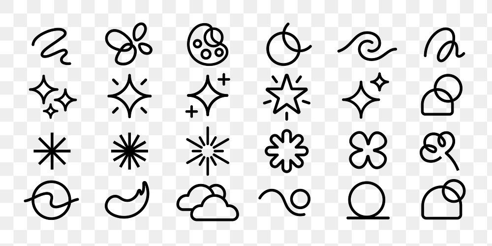 PNG Abstract, icons, stars, swirls, clouds, user interface icon set.  Elements on transparent background.