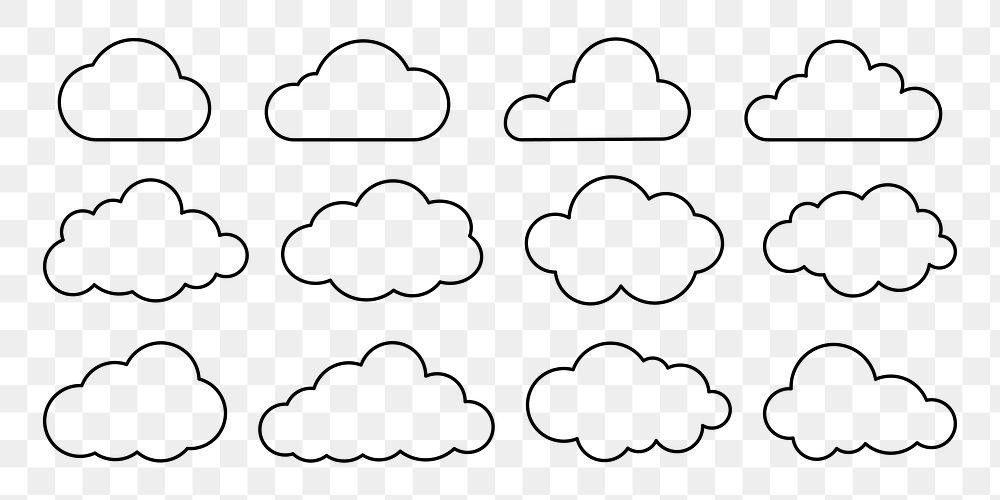 PNG Black line cloud icons, set on transparent background