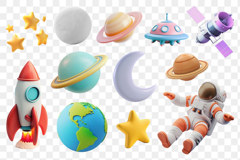 PNG 3d cartoon space, element set on transparent background