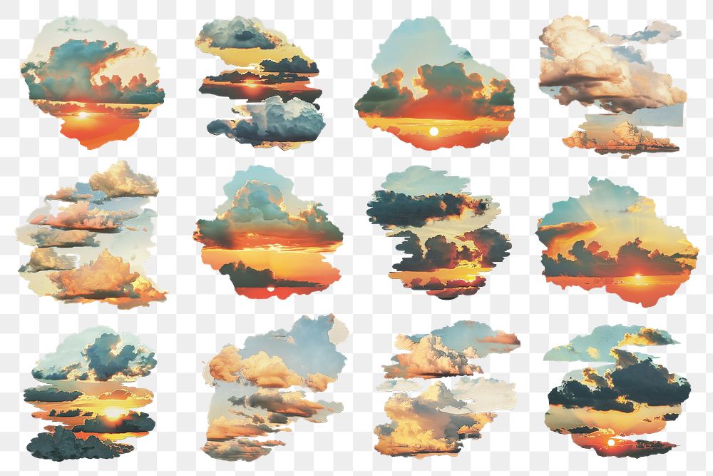 Sunset sky collage, PNG set on transparent background