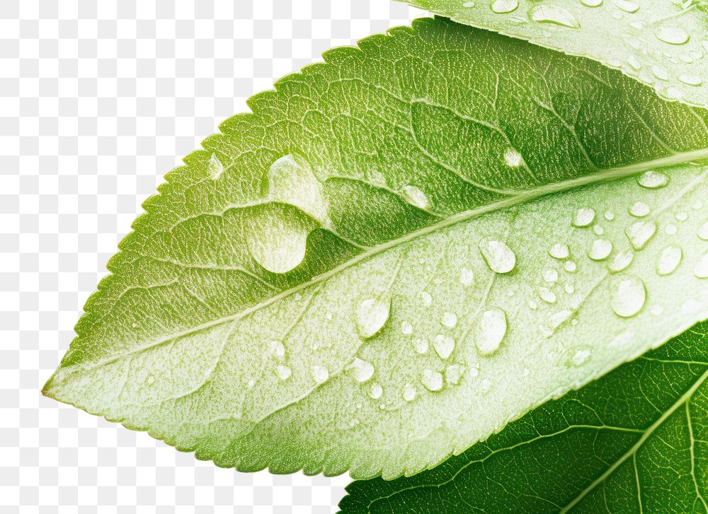 PNG Green apple leaf droplets detail photography.