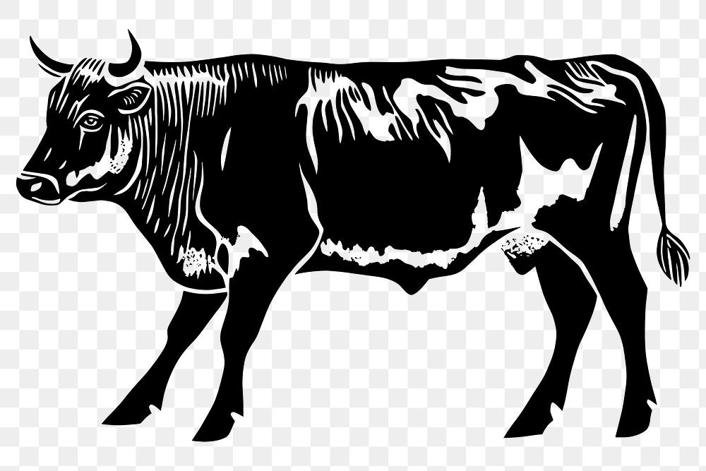 PNG Cow wood block print animal white illustration.