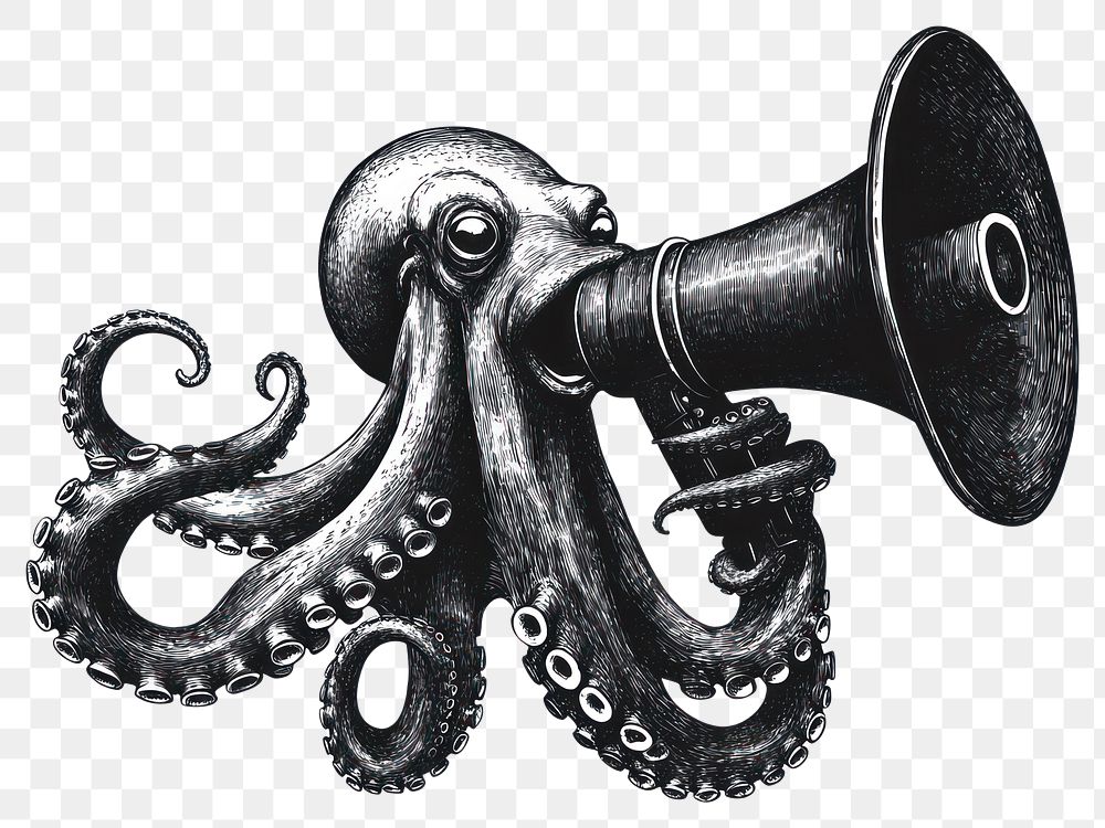 PNG Octopus holding a big megaphone surreal black white.