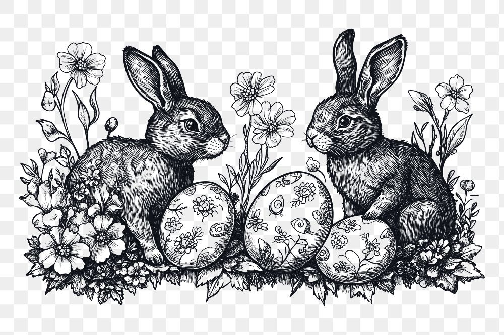 PNG Easter eggs art illustration rabbits.