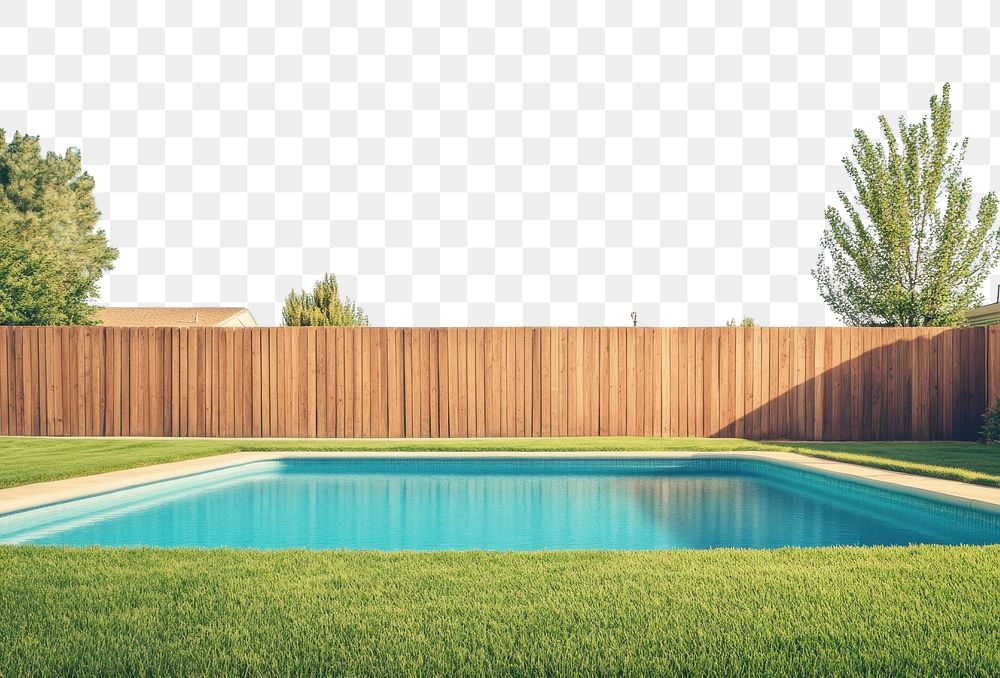 PNG A modern grass backyard with a wooden fence and a swimming pool outdoors residential indoors.