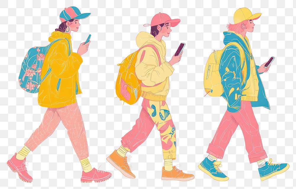 PNG Three young people walking phones illustration colorful.