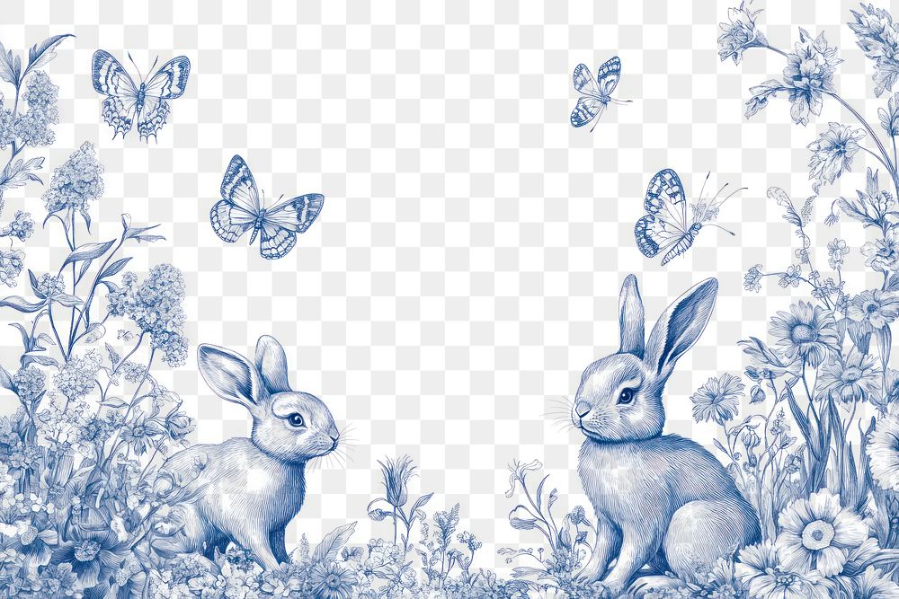 PNG Blue and white floral pattern with rabbits butterflies flowers style.