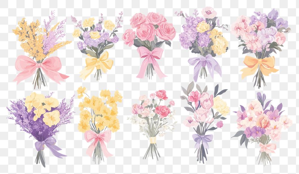 PNG Flower bouquets with ribbons and bows flowers illustration arrangements.