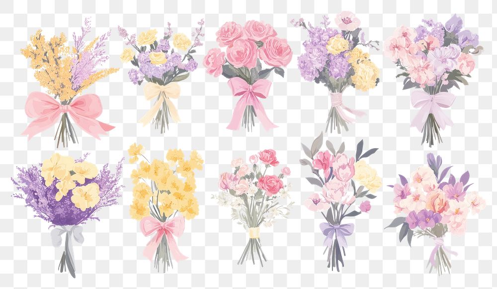 PNG Flower bouquets with ribbons and bows flowers arrangements graphics.