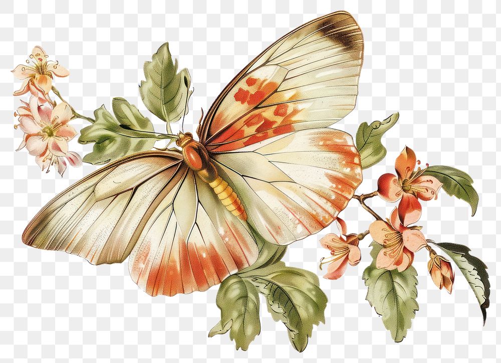 PNG Butterfly with bloom flowers illustration vintage style.