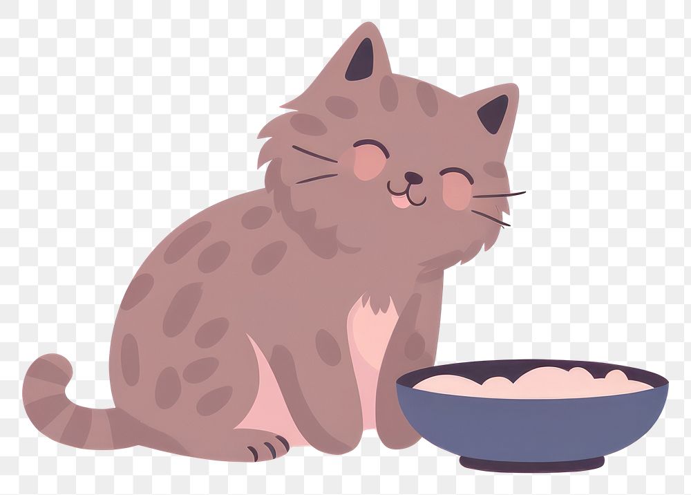 PNG Cat eating from a bowl illustration cartoon cute.