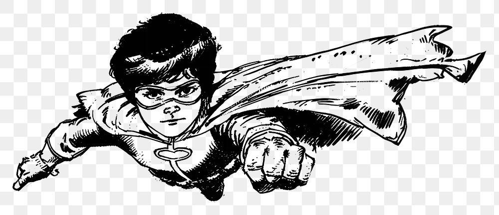 PNG Kid superhero flying drawing illustration vintage.