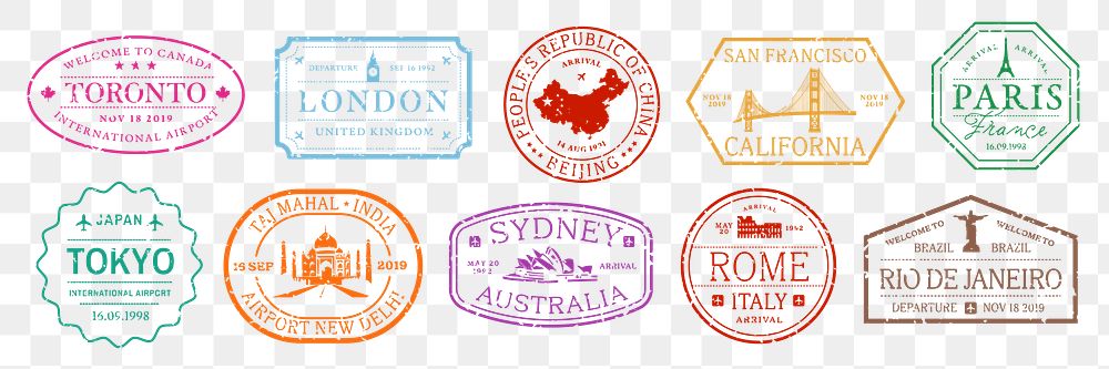 PNG Colorful international travel stamps , set on transparent background