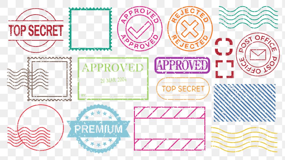 Colorful stamp collection with 'Top Secret', 'Approved', 'Premium'. Various shapes and styles. Stamps include 'Top Secret'…