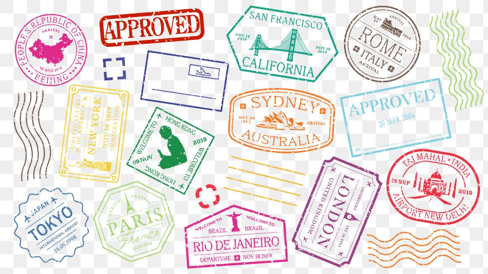 Colorful travel stamps featuring cities like Sydney, Paris, and San Francisco. Vibrant travel stamps for passports. Travel…