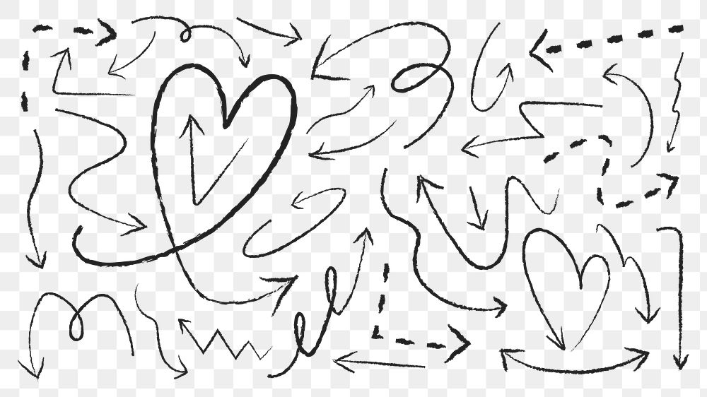 PNG Hand-drawn arrows and hearts on transparent background