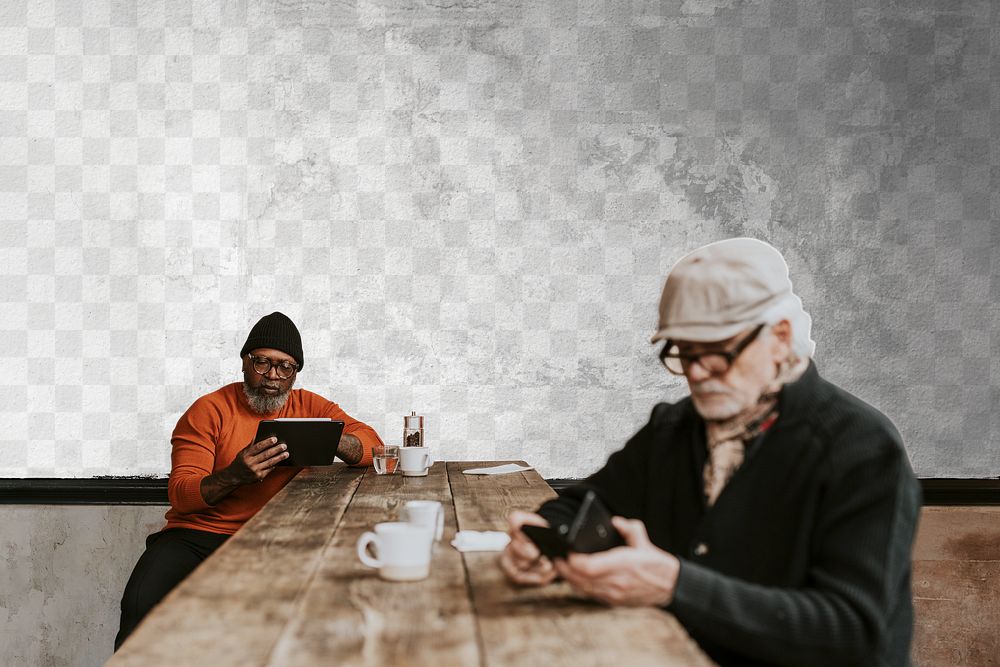 Transparent wall mockup png, men at a cafe 