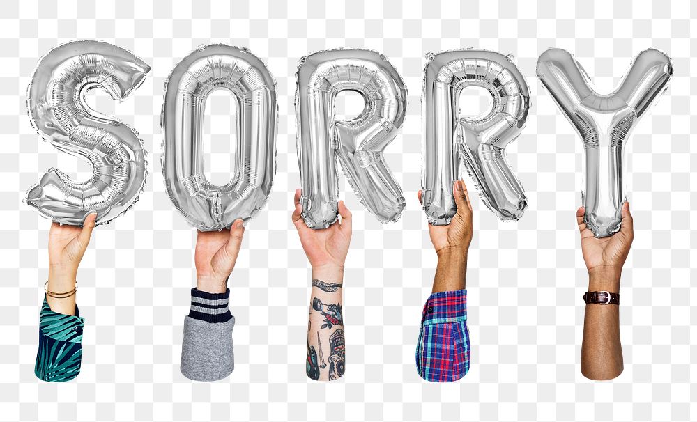 Sorry word png, letter foil balloon, typography collage element, transparent background