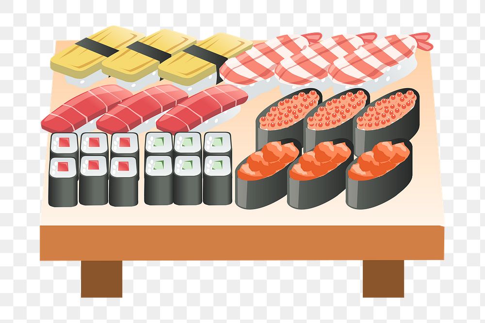 Sushi platter png sticker, Japanese food illustration on transparent background. Free public domain CC0 image.