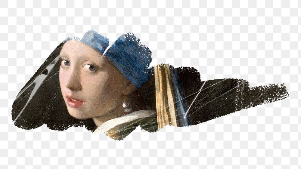 PNG Girl with a Pearl Earring, brush stroke reveal sticker, famous painting by Johannes Vermeer, transparent background…