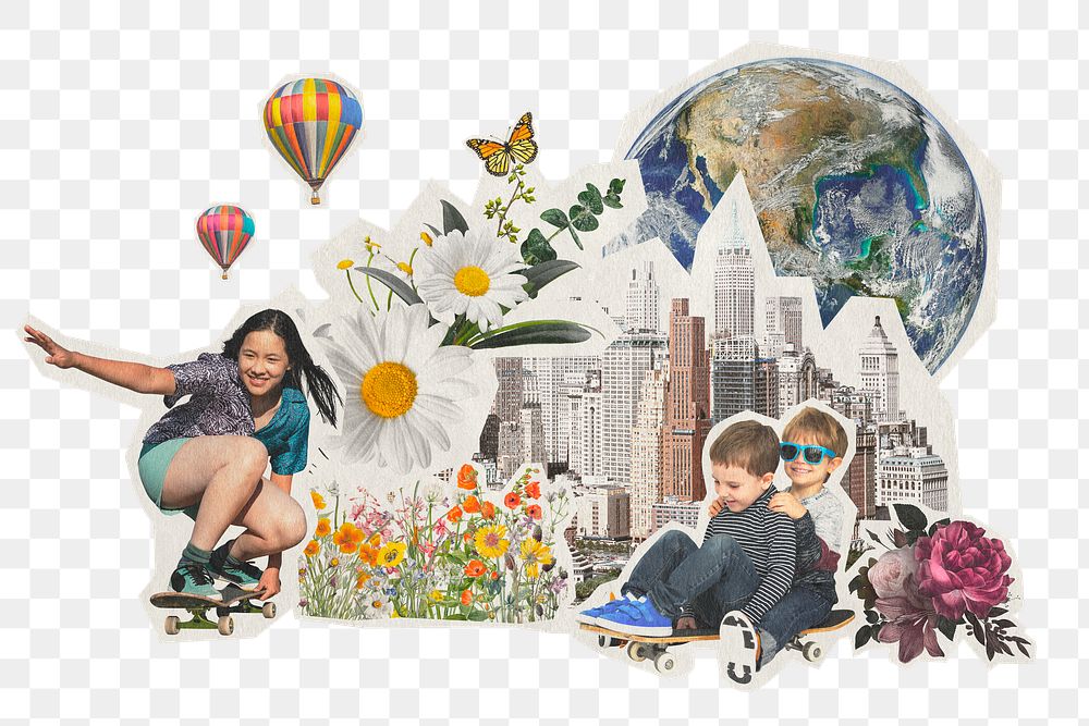 Children&rsquo;s day png sticker, surreal cityscape  mixed media transparent background