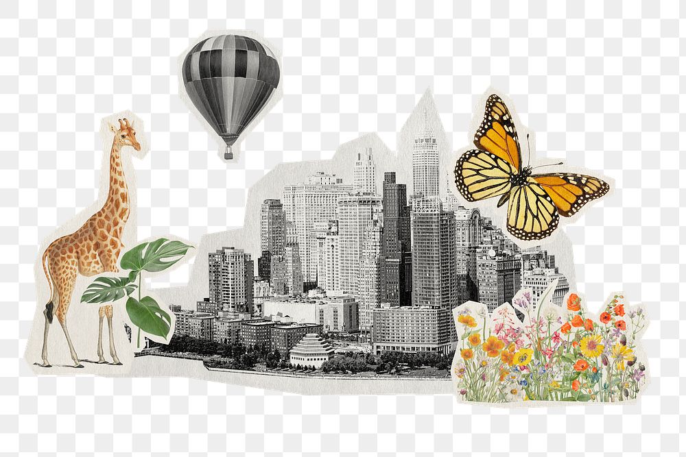 Urban city png sticker, tourism cityscape collage art transparent background
