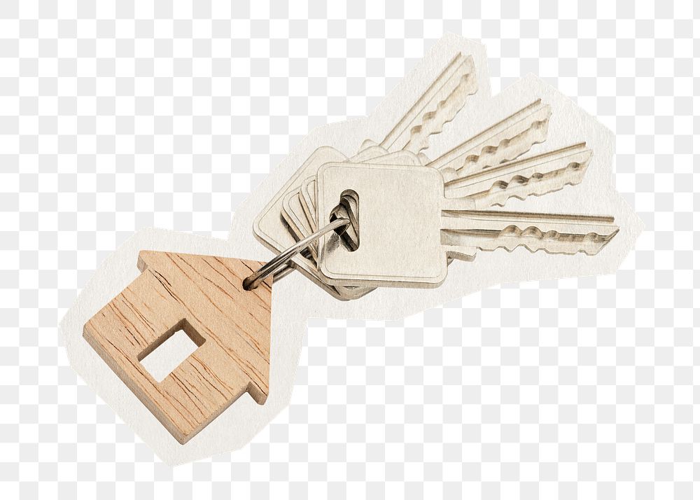 Keys png sticker, wooden keychain rough cut paper effect, transparent background