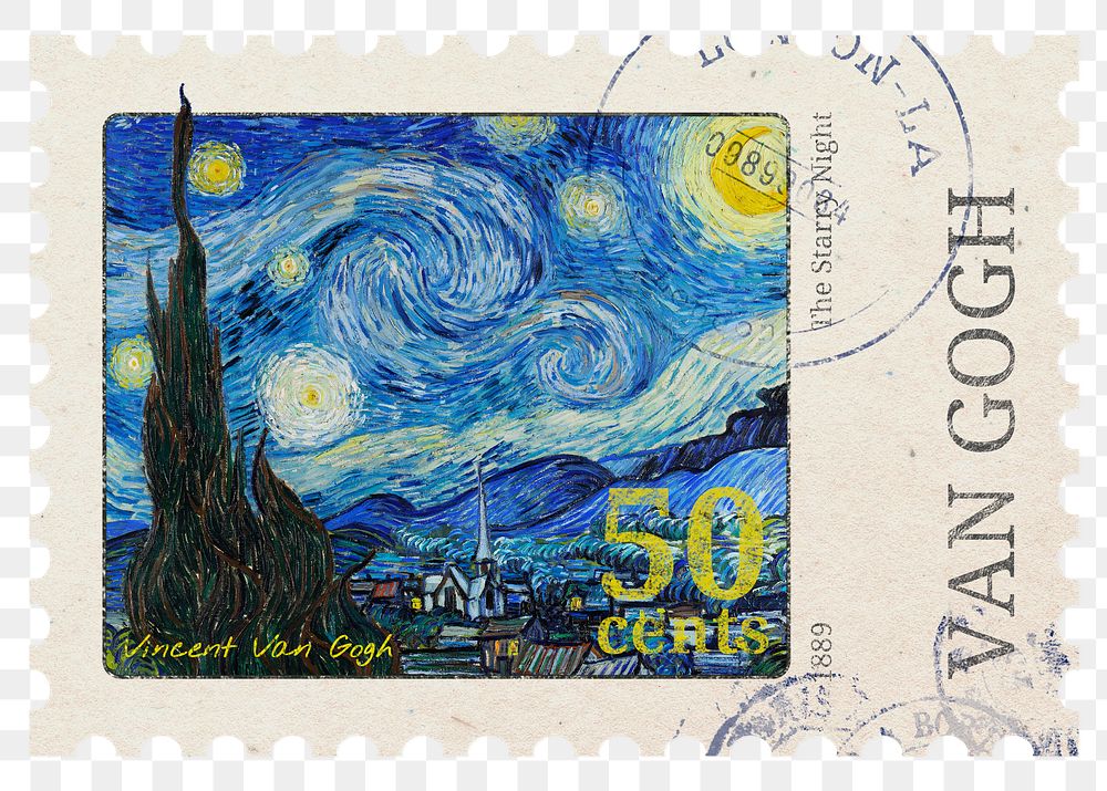 Png Starry night, Van Gogh, stamp sticker, transparent background, remixed by rawpixel 