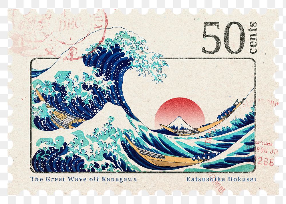Png The Great Wave off Kanagawa, Hokusai, stamp sticker, transparent background, remixed by rawpixel 