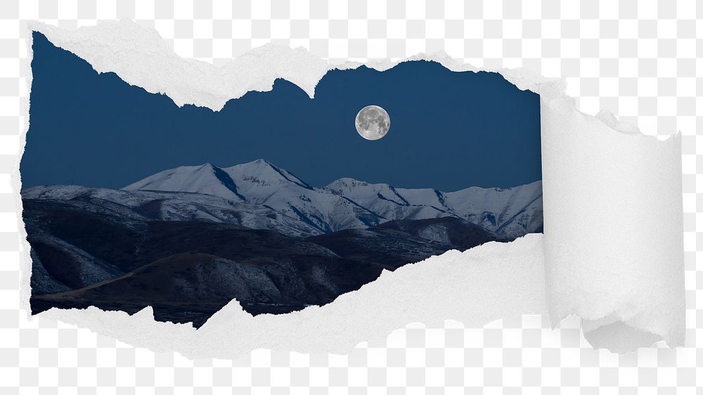 Snow mountain png night ripped paper sticker, nature photo reveal on transparent background