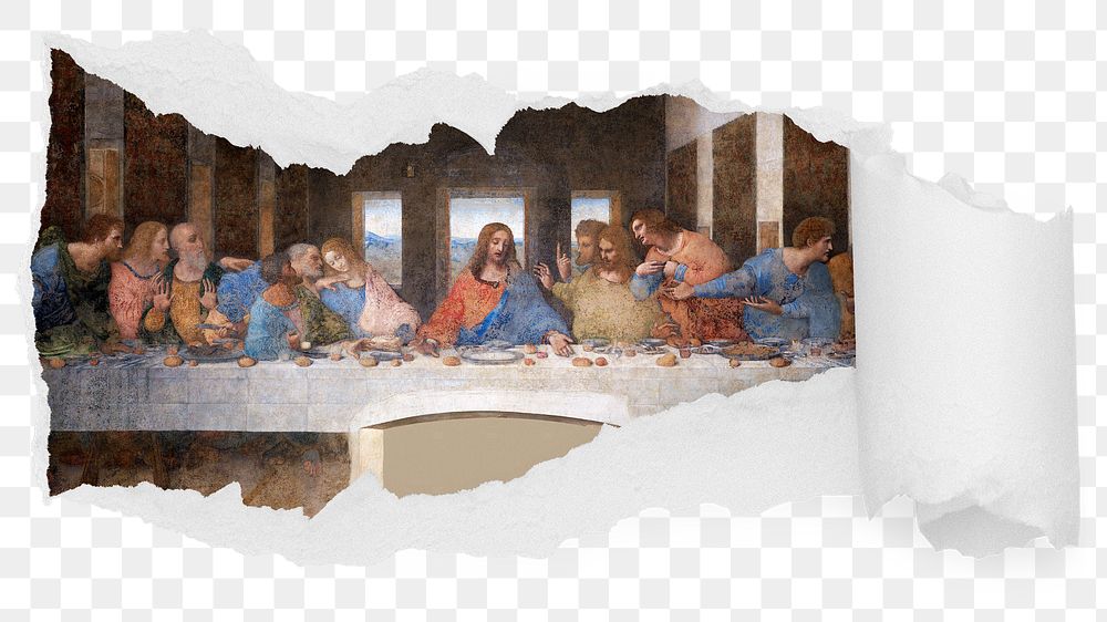 Png Leonardo da Vinci's The Last Supper ripped paper sticker, religious illustration reveal on transparent background