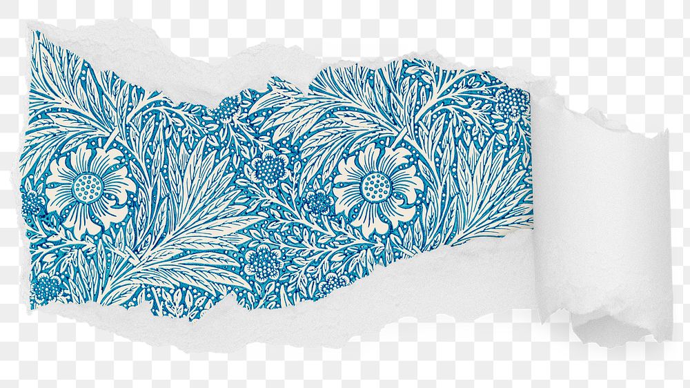 Png William Morris blue marigold pattern ripped paper sticker, flower illustration reveal on transparent background