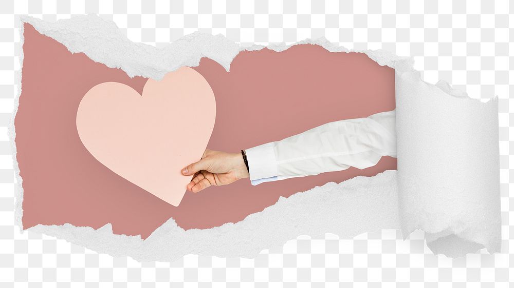 Hand holding png heart ripped paper sticker, Valentine's photo reveal on transparent background