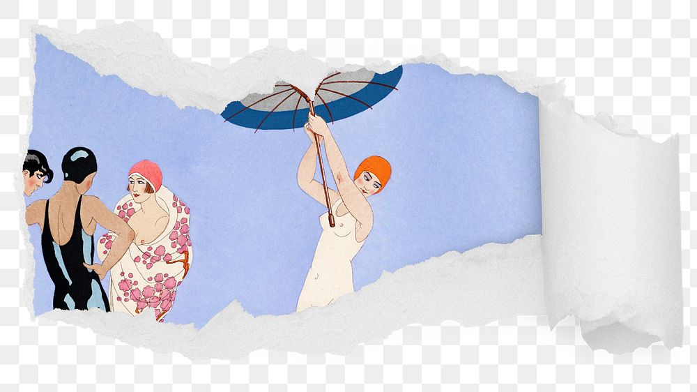 Vintage summer png women ripped paper sticker, fashion illustration reveal on transparent background