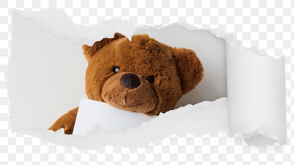 Teddy bear png ripped paper sticker, childhood photo reveal on transparent background