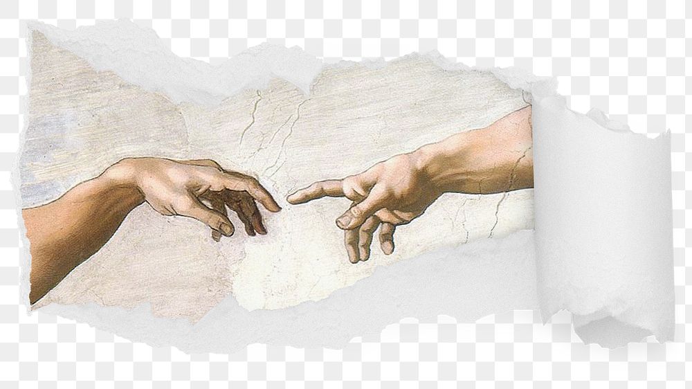 Png The Creation of Adam ripped paper sticker, historical painting reveal on transparent background