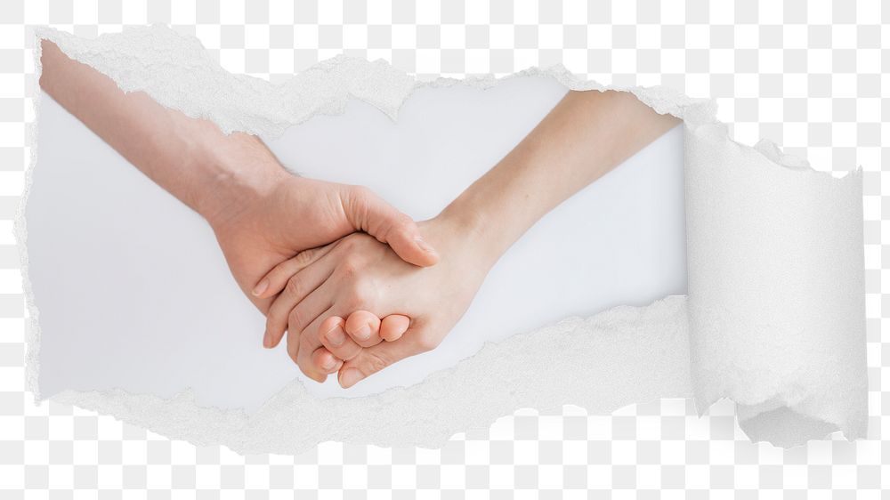 Holding hands png ripped paper sticker, friendship photo reveal on transparent background