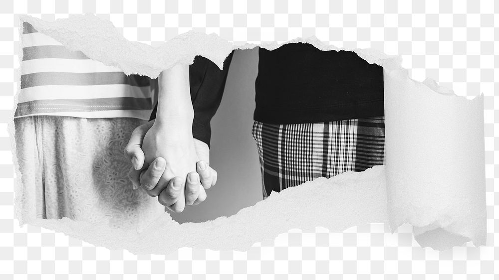 Png people holding hands ripped paper sticker, relationship photo reveal on transparent background