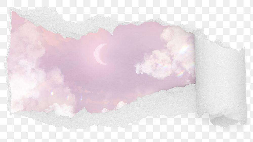 Aesthetic purple png sky ripped paper sticker, crescent moon illustration reveal on transparent background