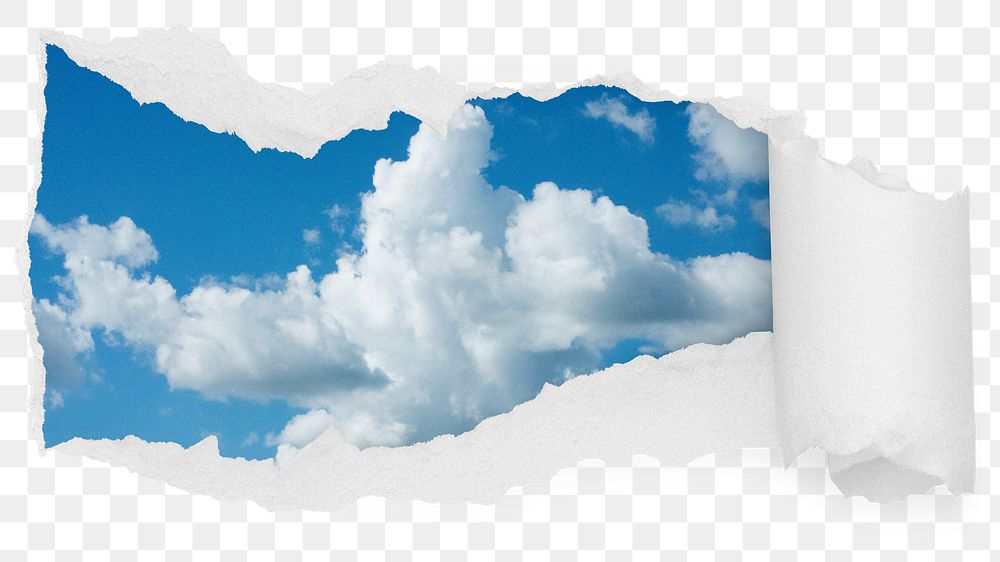 Blue skyscape png ripped paper sticker, aesthetic photo reveal on transparent background