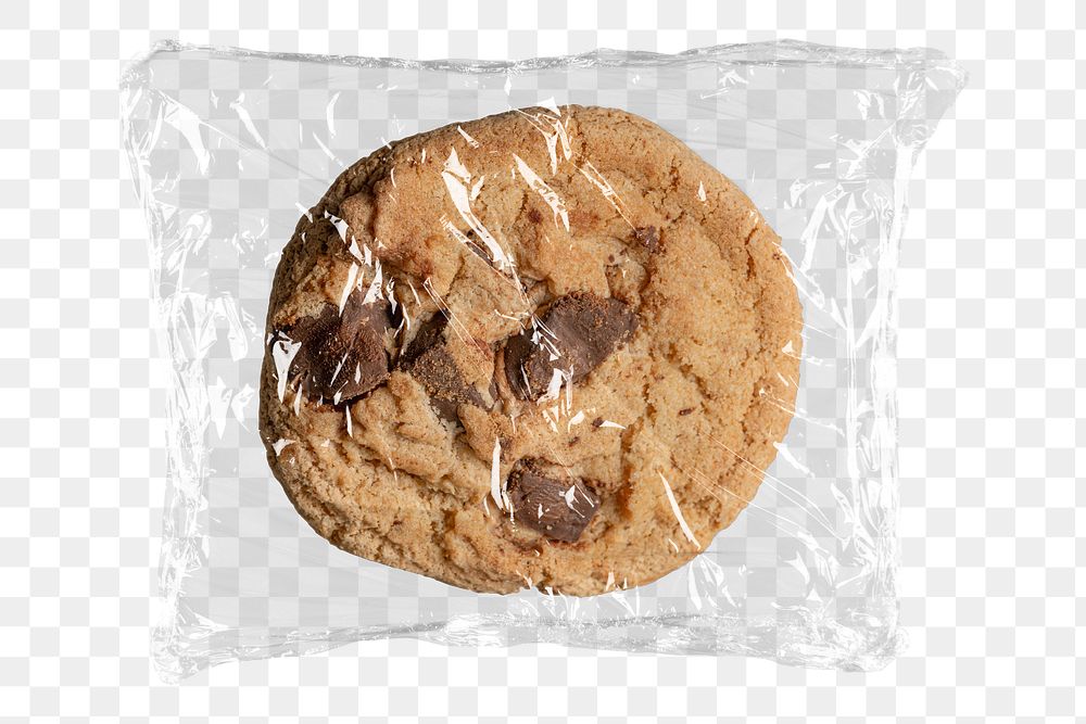Chocolate chip cookie png plastic packaging sticker, transparent background